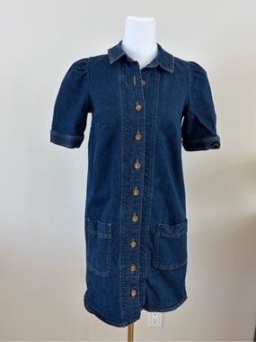 Sezane Dark Blue Denim Button-Front Mini Dress with Patch Pockets